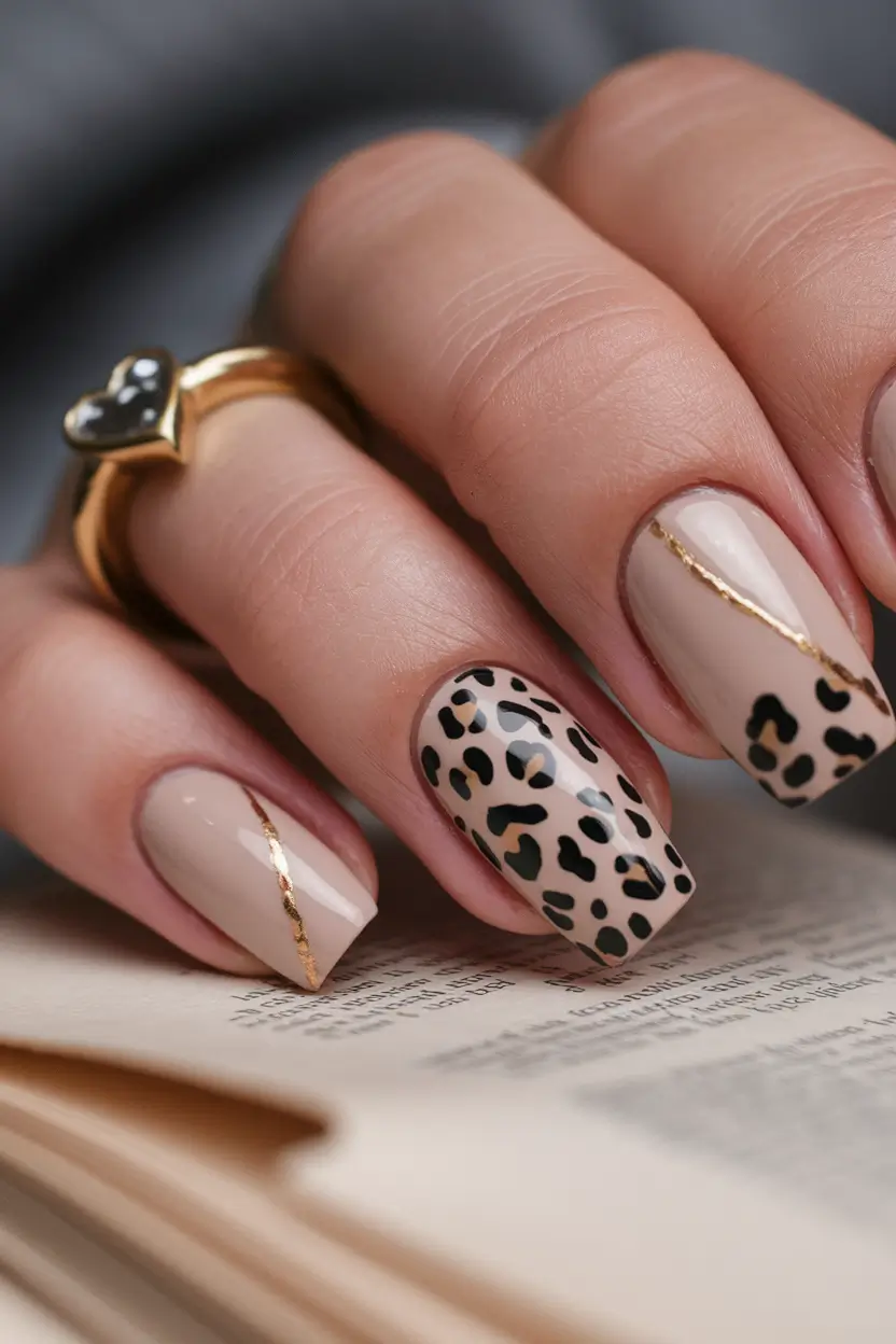 gel nail designs summer Neutral Leopard & Gold Stripe Combo