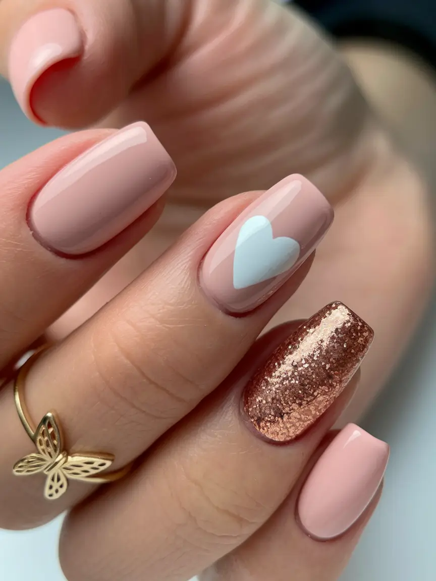 gel nail designs summer Blush Pink with Glittered Accent & Heart Detail