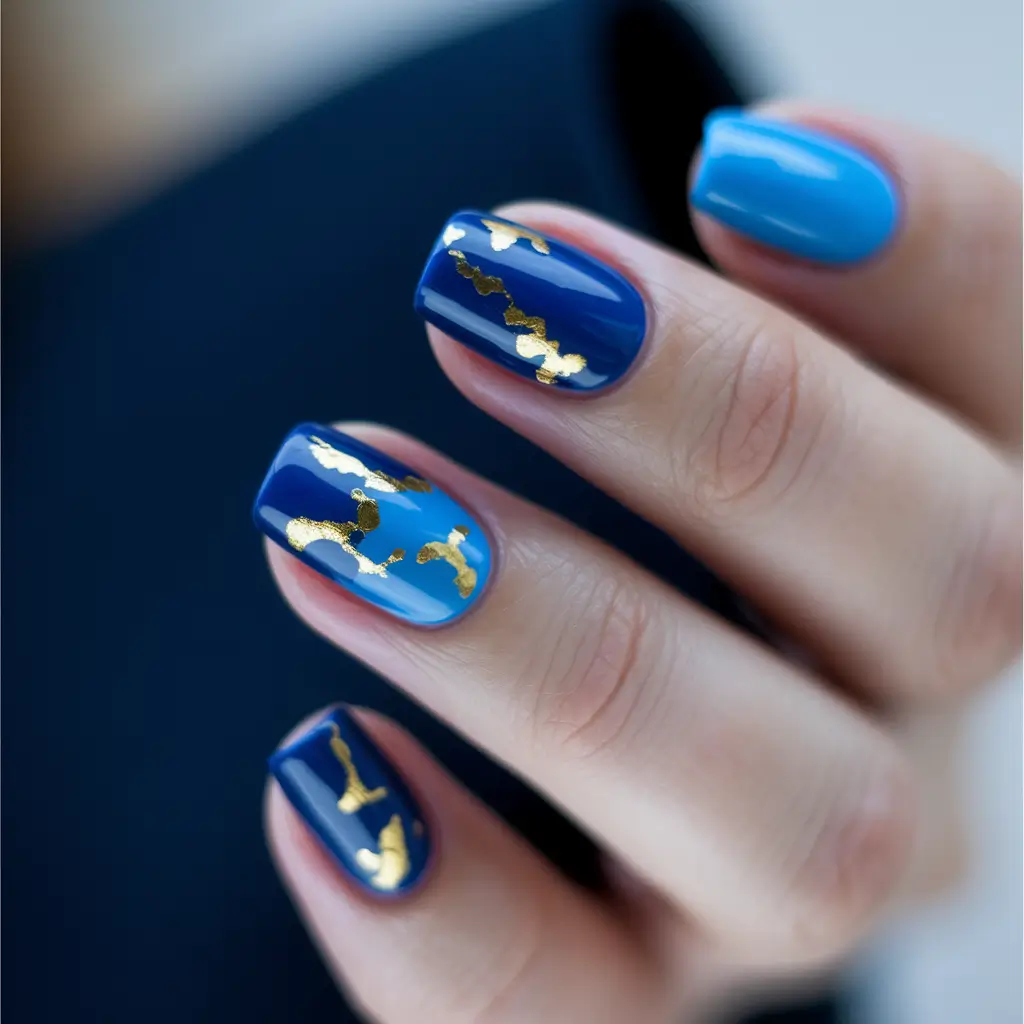 gel nail designs summer Deep Blue With Metallic Gold Strokes