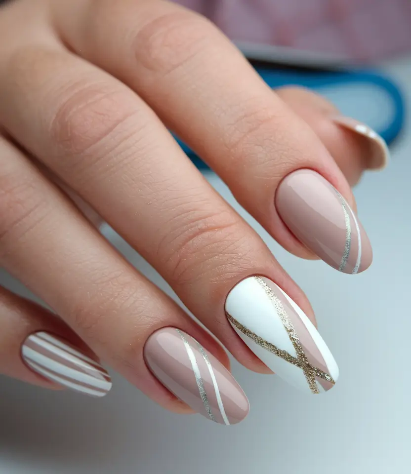 gel nail designs summer Striped Neutrals with White and Gold Geometry