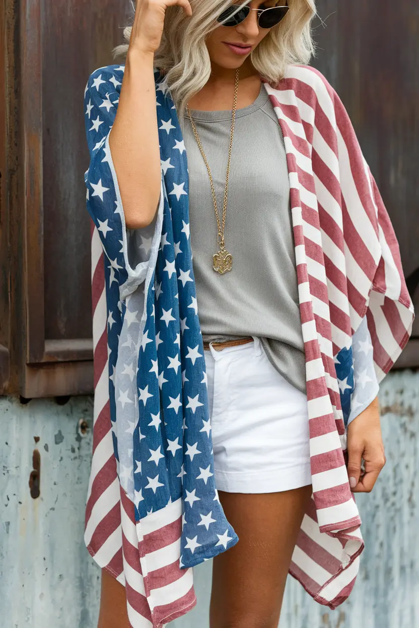 july outfits Cool Americana Kimono Layers