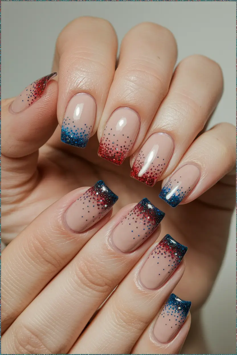 july 4th nails designs fireworks Glittery Ombre French with a Patriotic Twist
