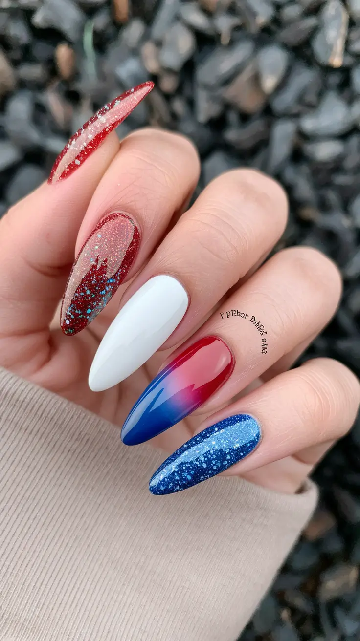 july 4th nails designs chrome Long Almond Firework Fantasy