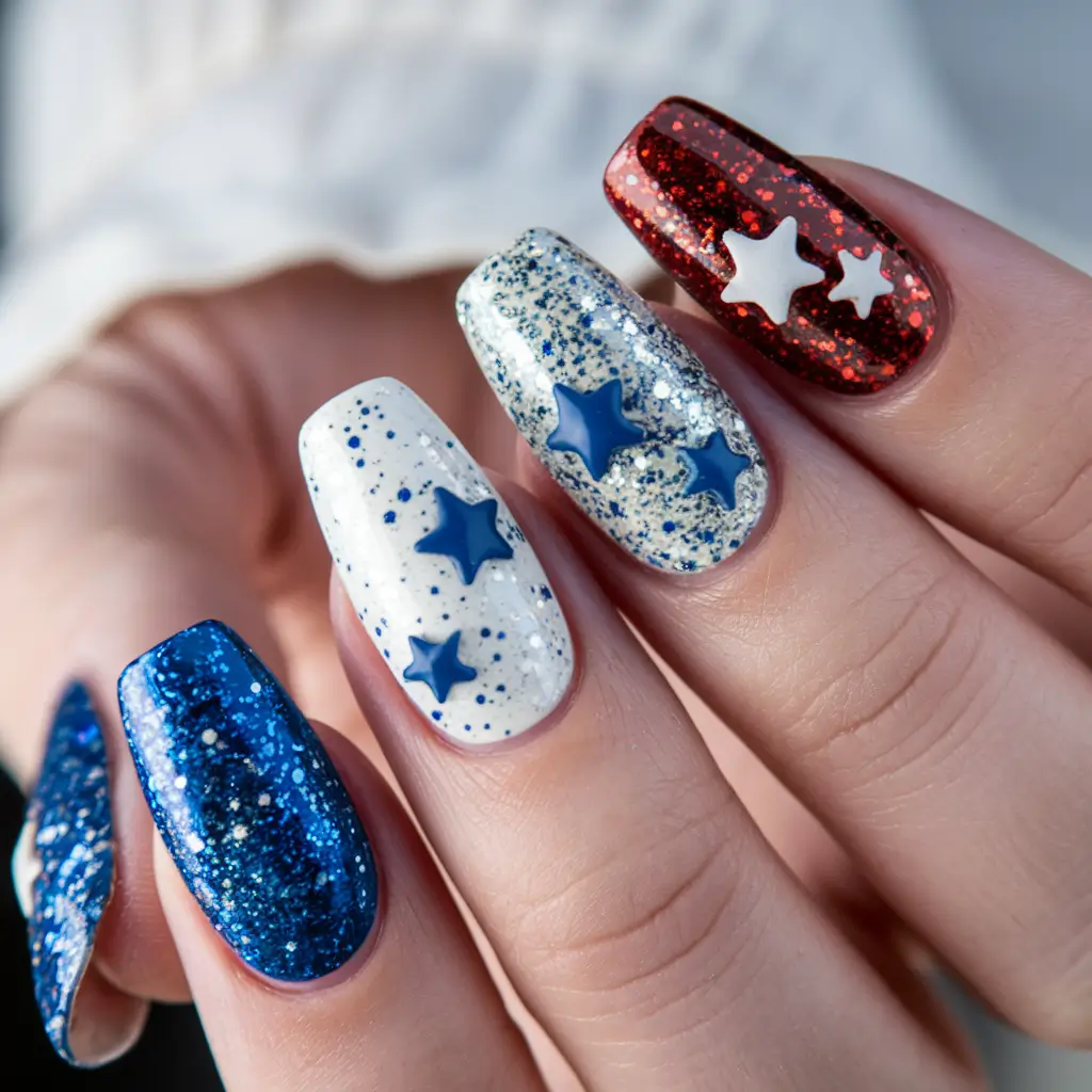 july 4th nails Stars and Stripes Ombre