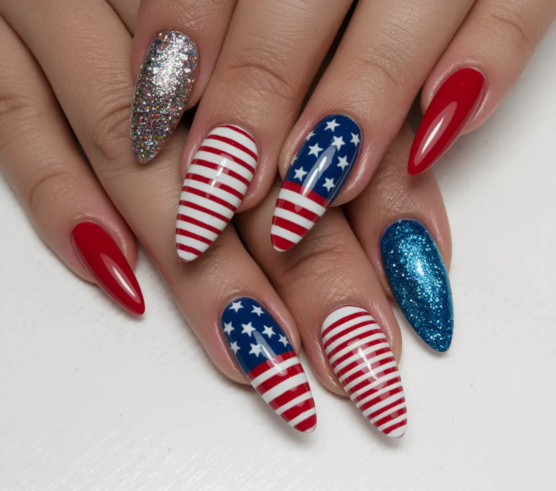 july nails ideas 2025 Patriotic Glitter Pop with an Almond Edge