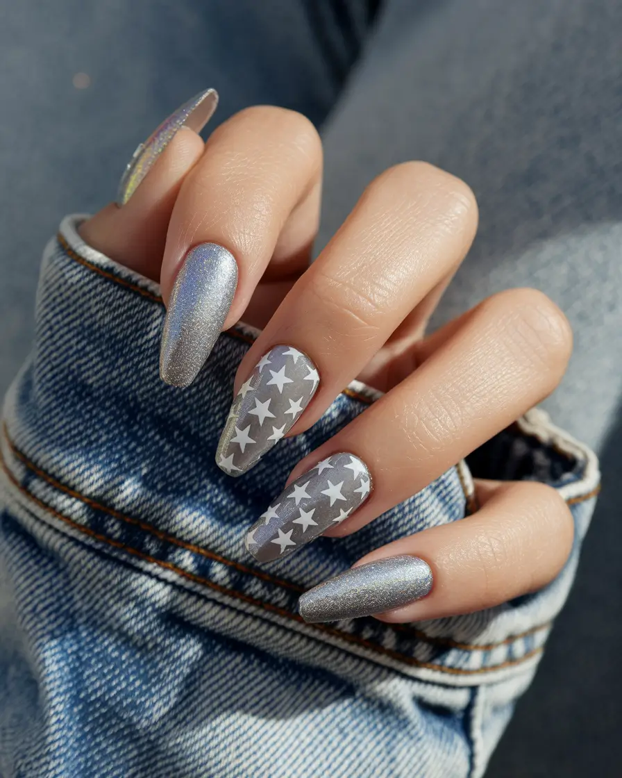 july nails ideas 2025 Silver Star Parade for a Stylish Summer