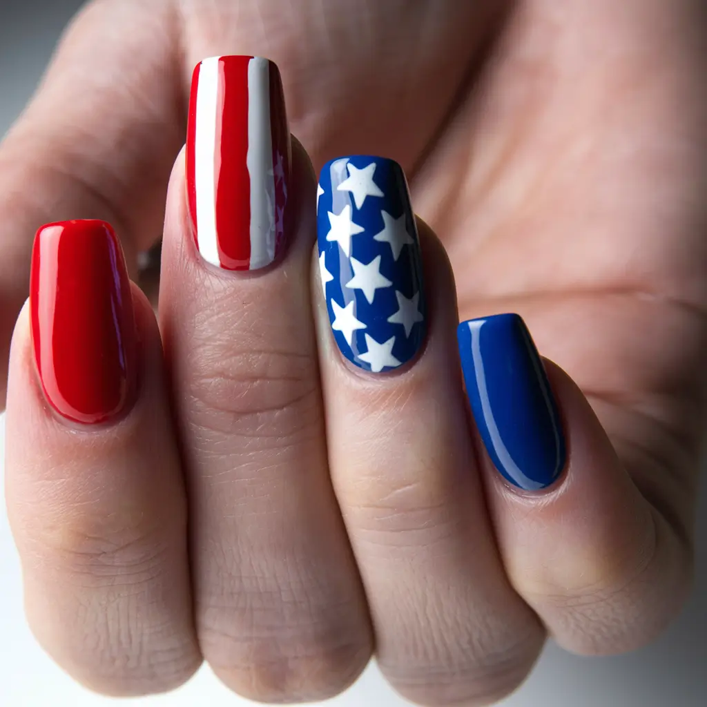 july nails ideas Classic Red with Twinkle Stars