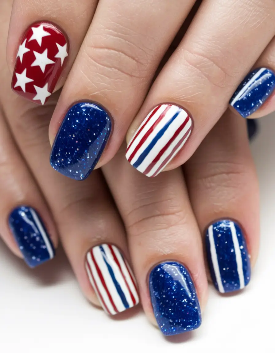 july nails ideas 2025 Bold and Sparkly USA Vibes