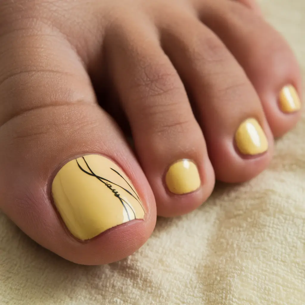 june nails toes Lemon Yellow with Script Detail