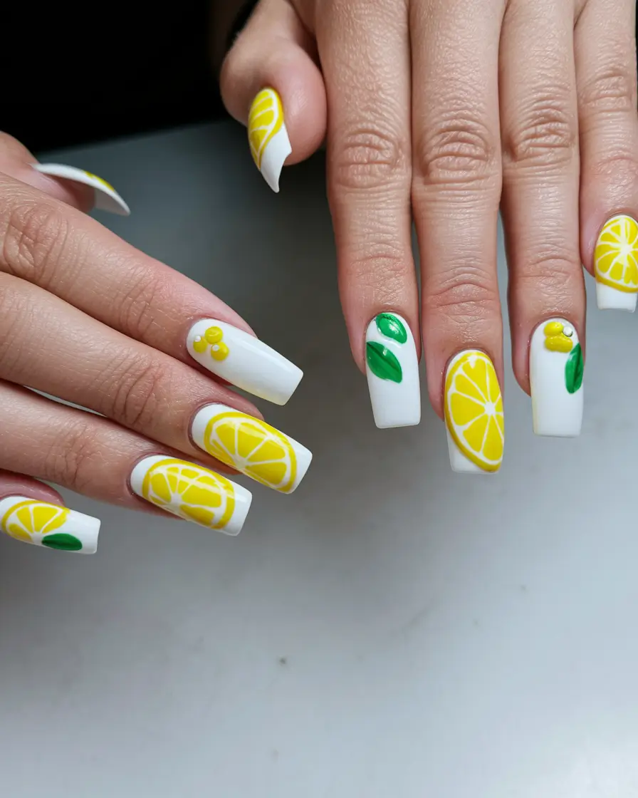lemon nails designs Bold Lemon & Leaf Geometry