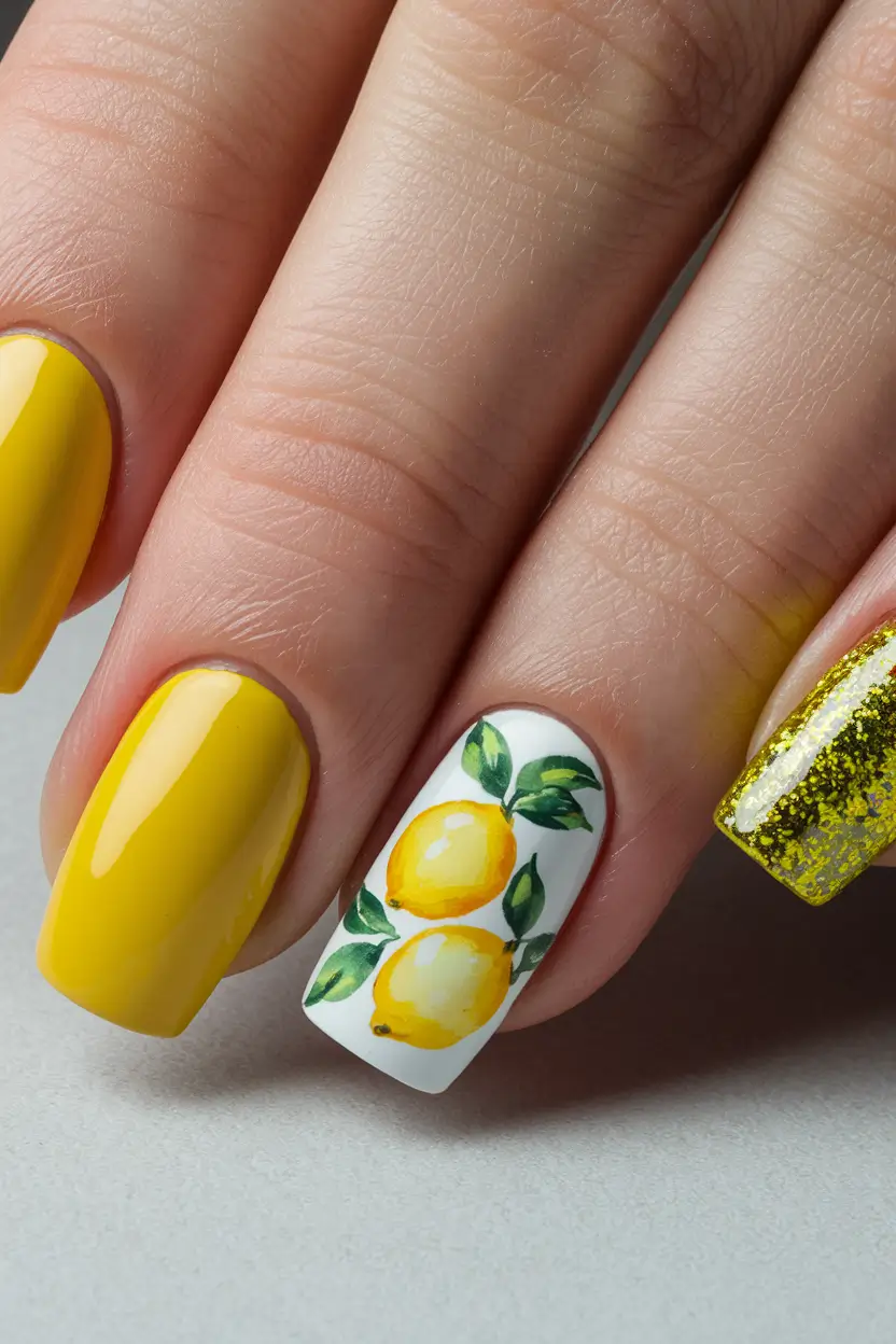 lemon nails designs square Glossy Lemons & Glitter on a Square Canvas