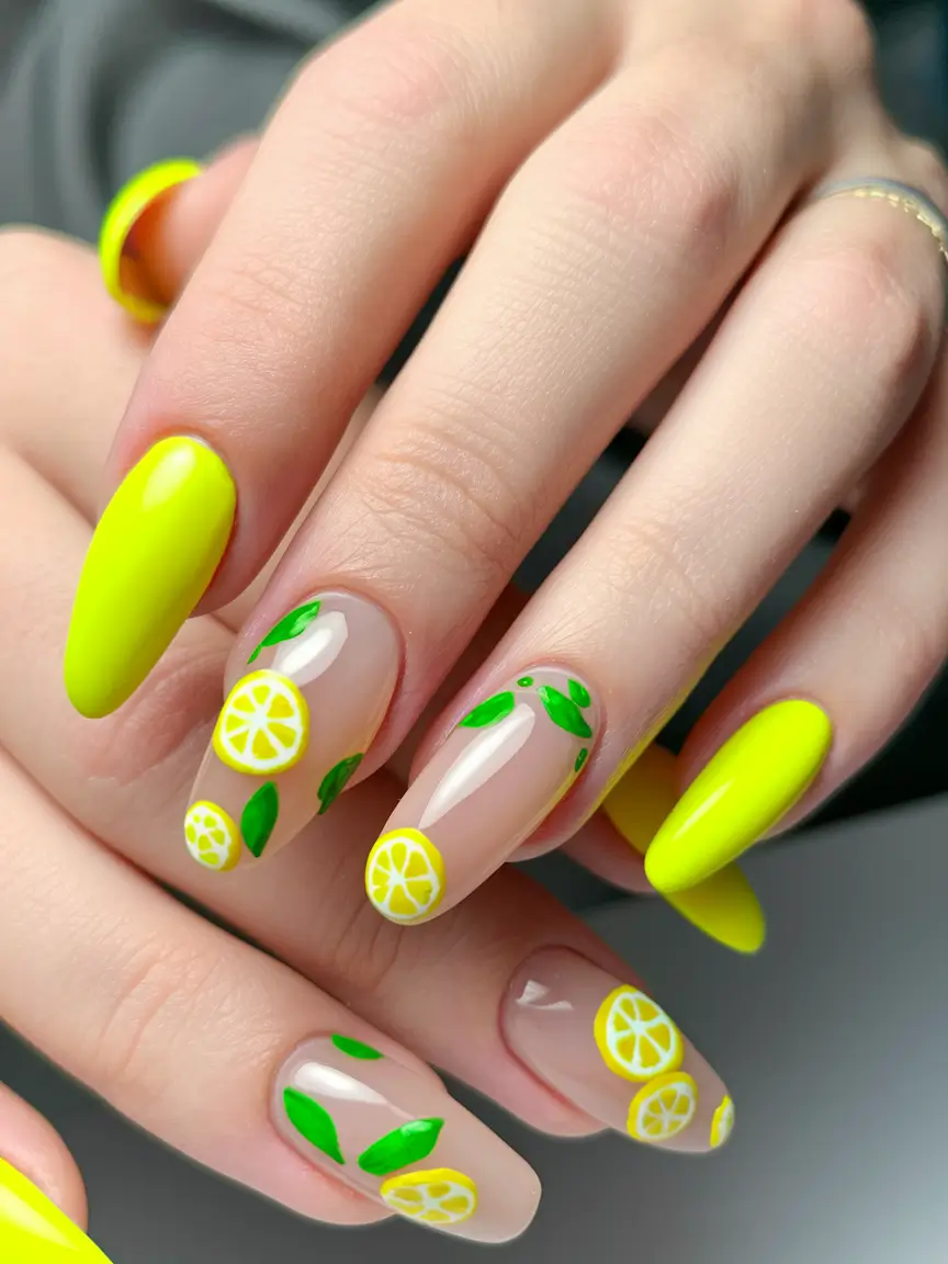 lemon nails designs Glossy Lemon Pop with Neon Flair