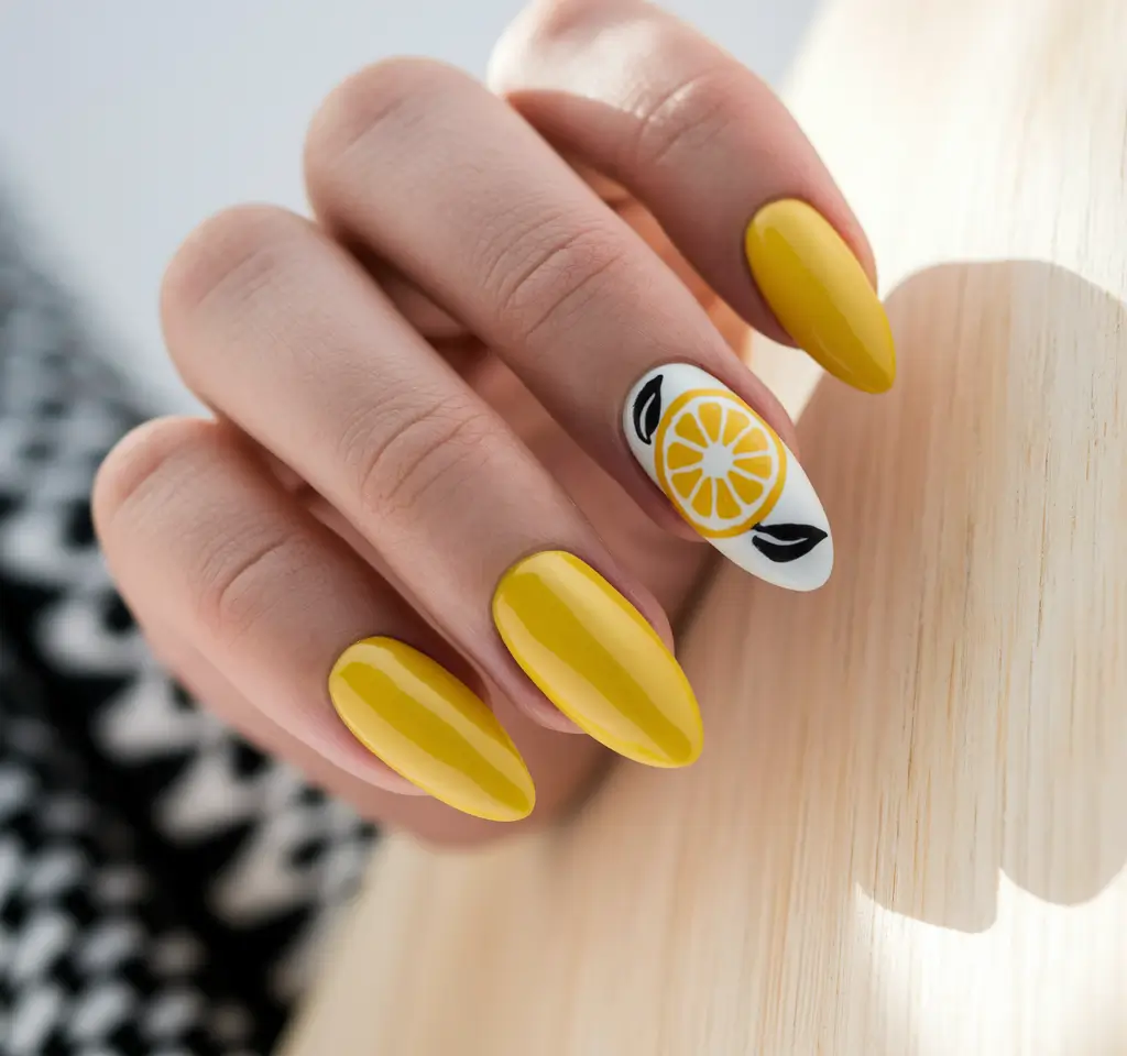 lemon nails designs Classic Lemon Accent on Yellow Almond Nails