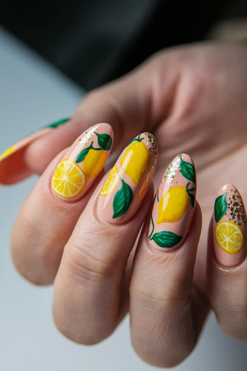 lemon nails designs simple Leafy Lemons on Sunshine Yellow