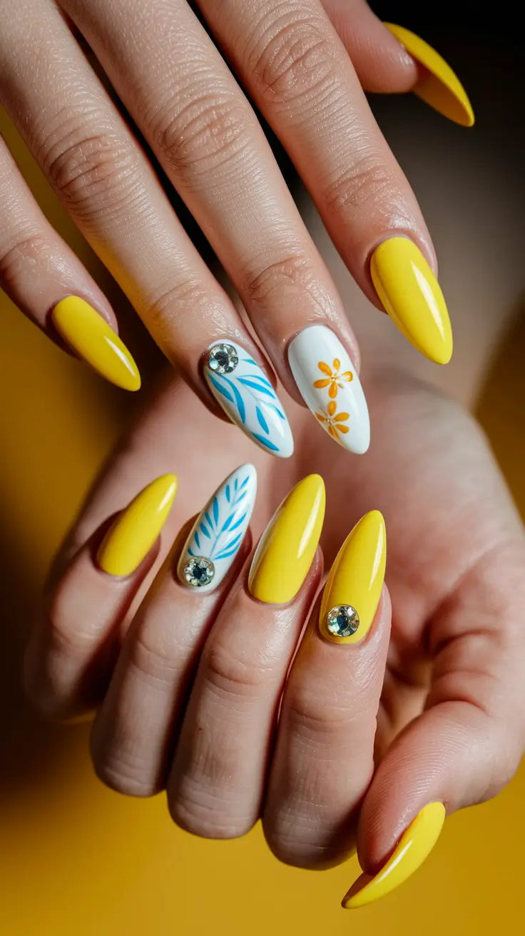 lemon nails designs Sunshine Citrus with Rhinestone Sparkle