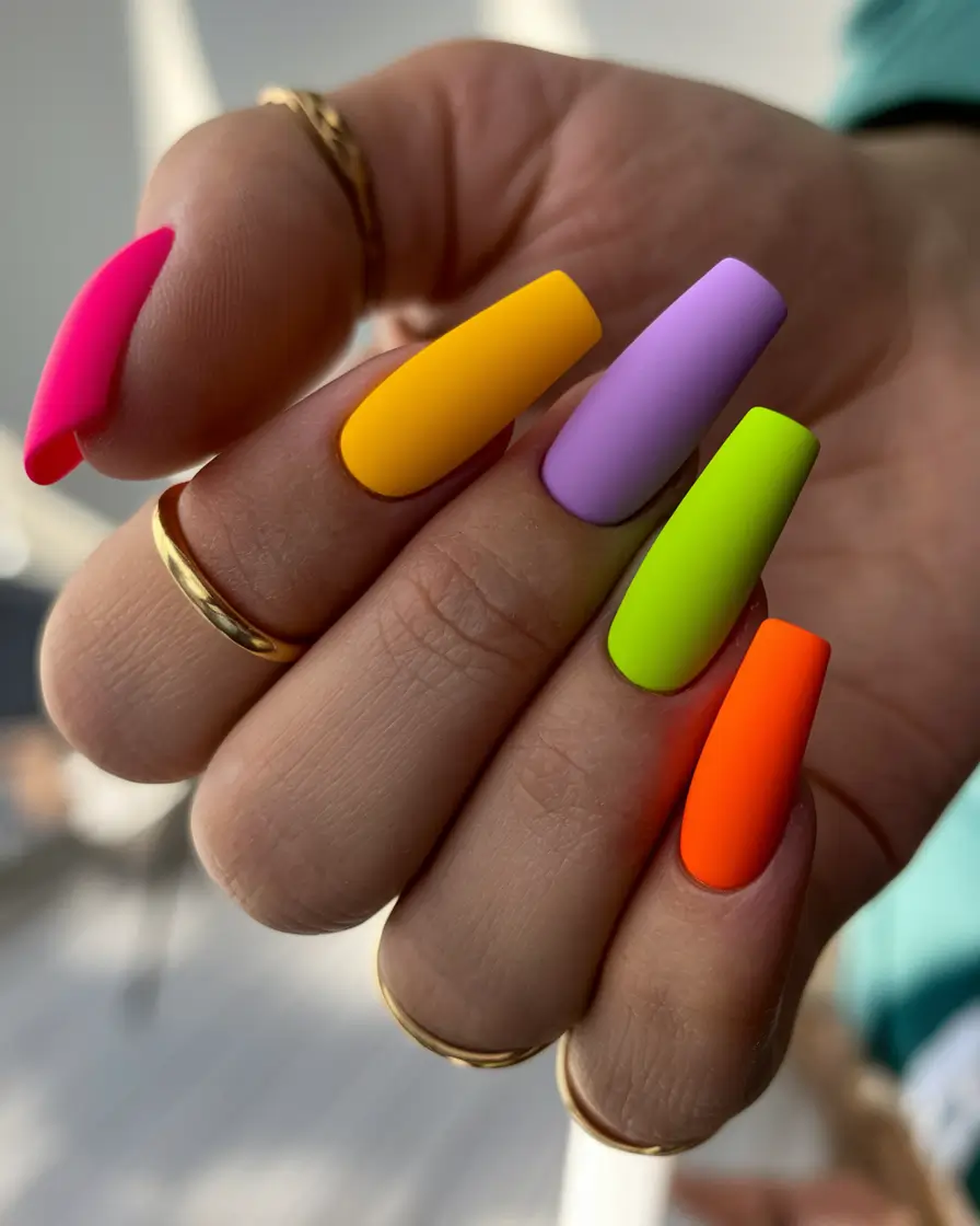 neon summer nail ideas Electric Matte Rainbow Vibes