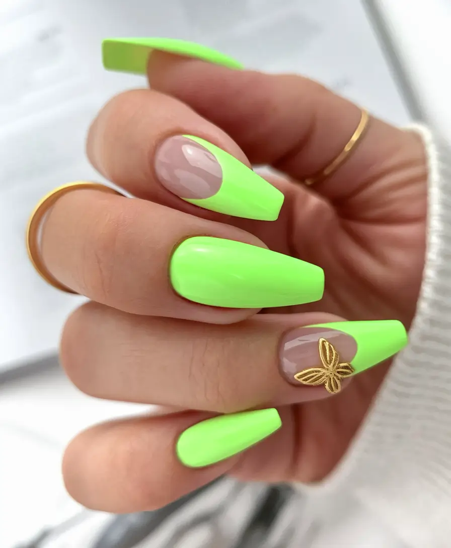neon summer nails square Juicy Kiwi Vibes with Contrast Accents