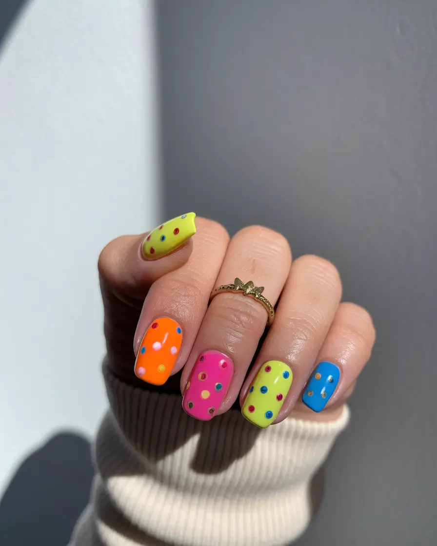 neon summer nails short Polka-Dot Pop with a Multicolor Twist