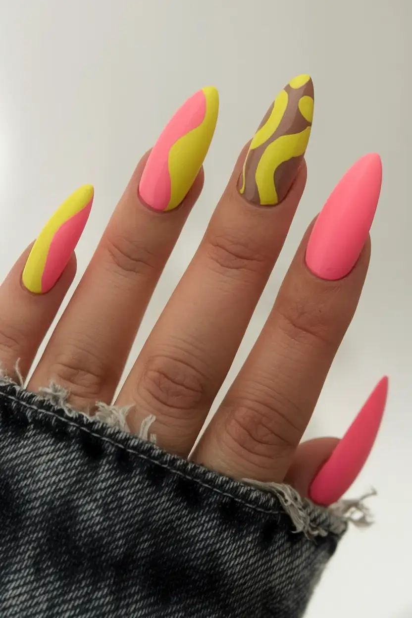 neon summer nails almond Neon Almond Waves with Retro Flair