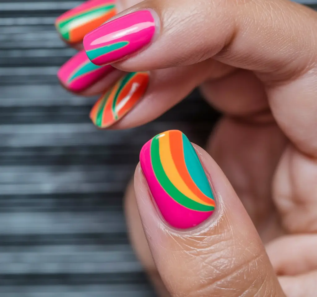 neon summer nails short Sunset Swirl for a Retro Kick