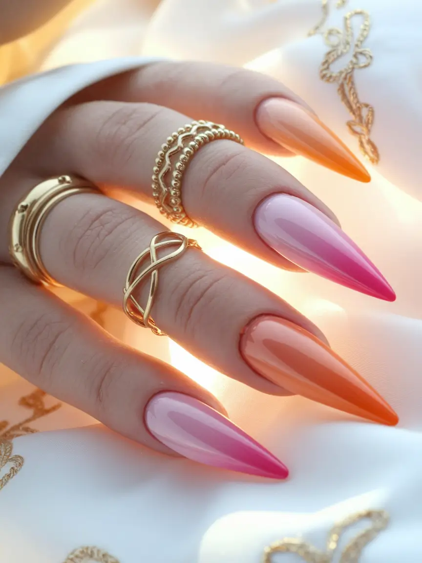 neon summer nails acrylic Ombré Almond Dream in Pink and Tangerine