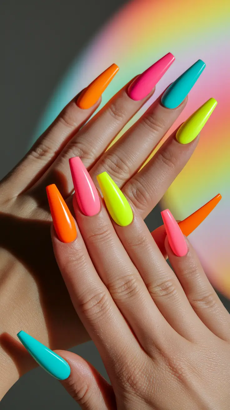 neon summer nail ideas Glossy Tropic Hues in Long Coffin Shape