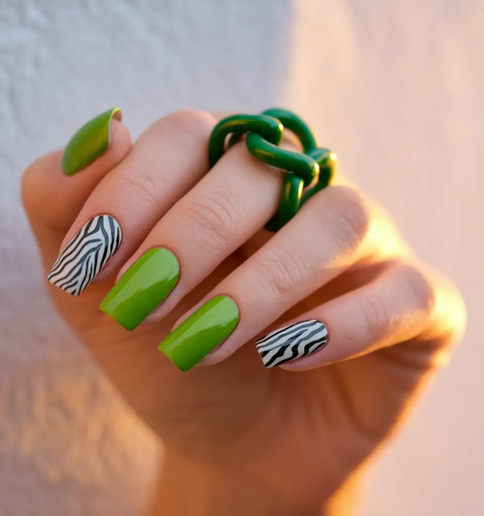 neon summer nails Jungle Glaze and Zebra Vibes