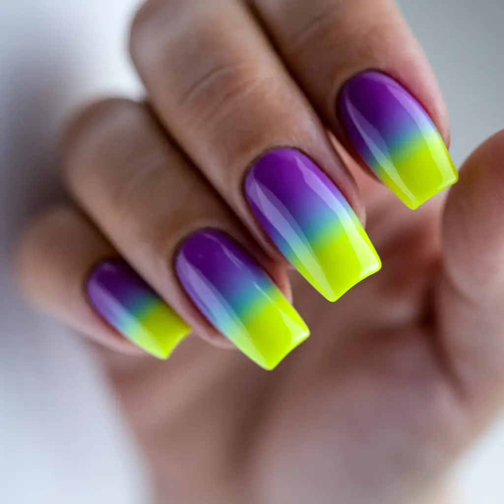 neon summer nail ideas Violet to Lime Ombré with Glass Gloss