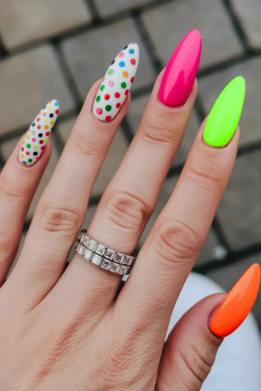 neon summer nail ideas Party Dot Carnival in Neon and White