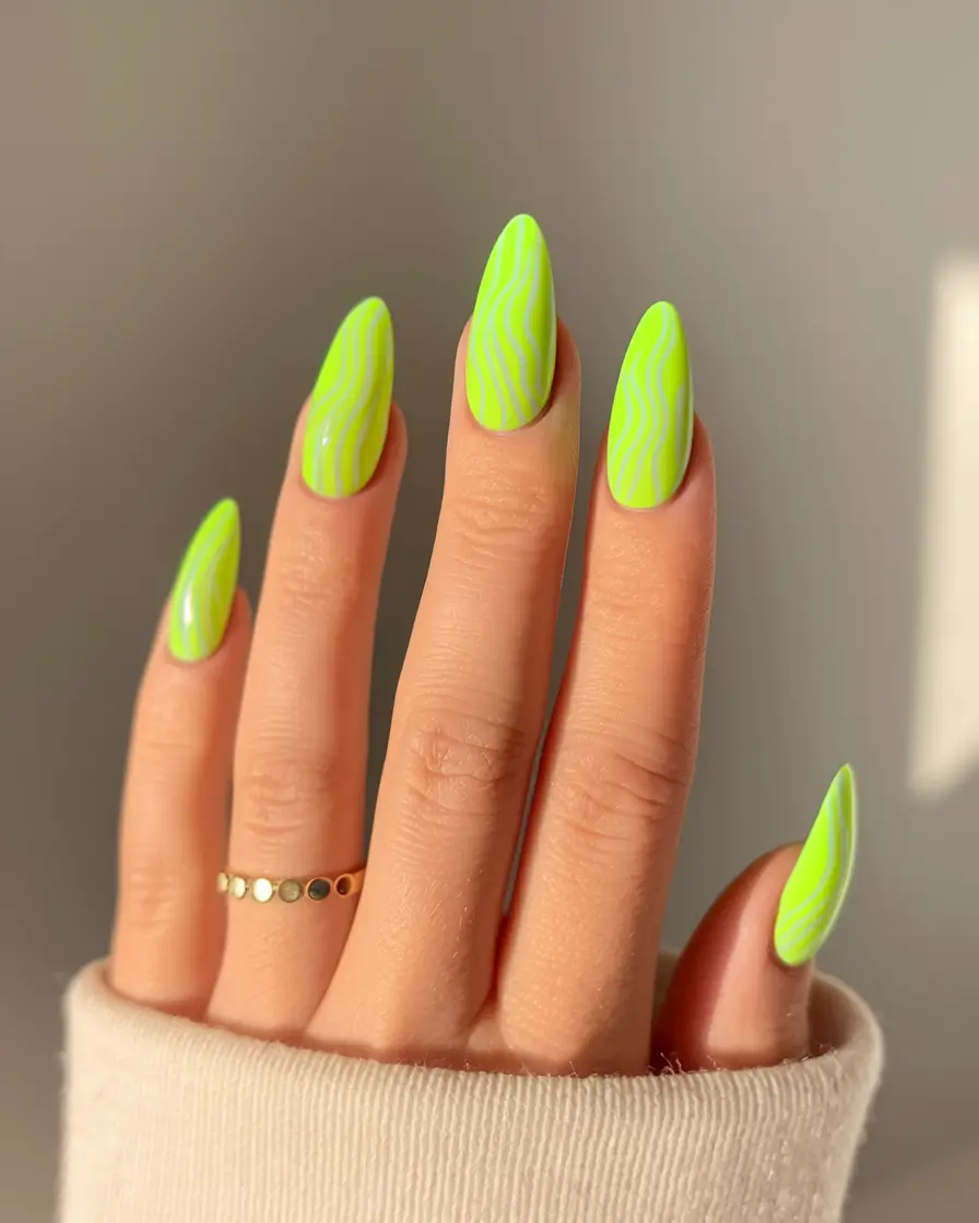 neon summer nails almond Wavy Neon Green Almonds That Catch the Light