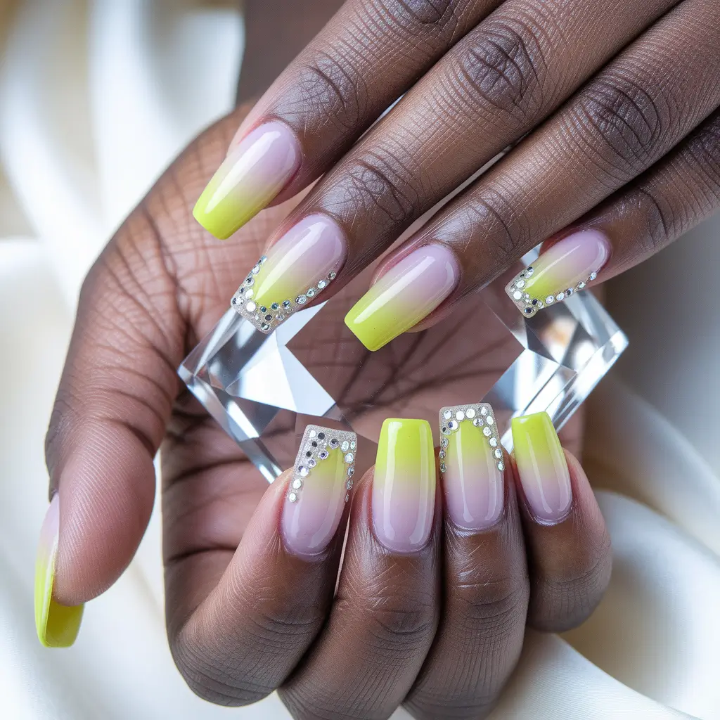 ombre nail designs summer Sun-Kissed Lemon Ombre with Crystals