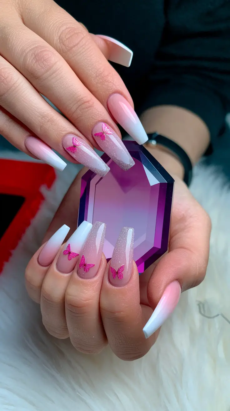 ombre nail designs summer French Fade with Neon Butterflies