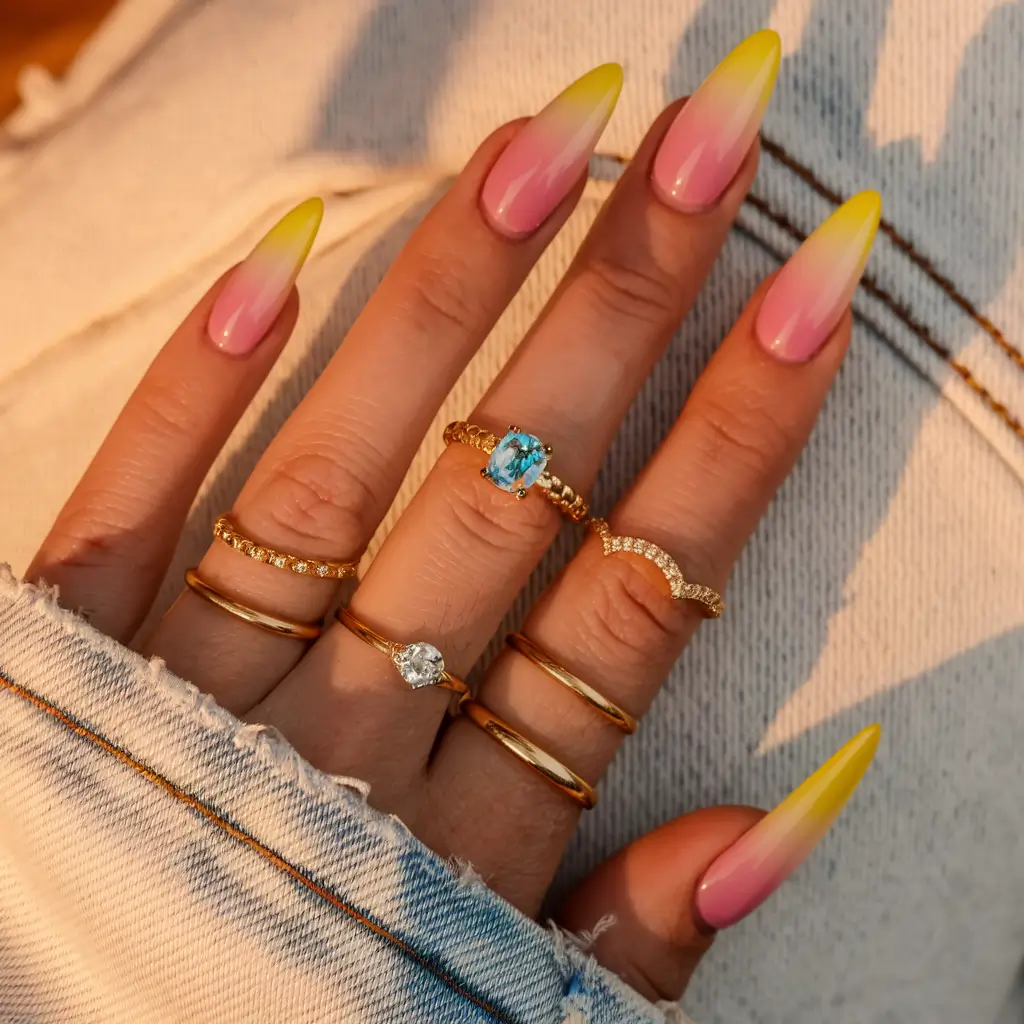 ombre-nail-designs-summer-almond-Sunset-Sorbet-in-Yellow-to-Pink-Fade