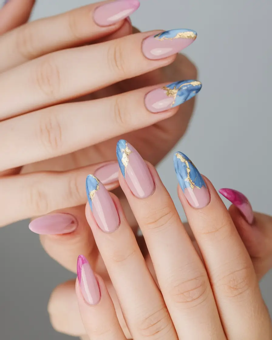 oval nail inspo summer Marble Dreams in Pink, Blue, and Gold