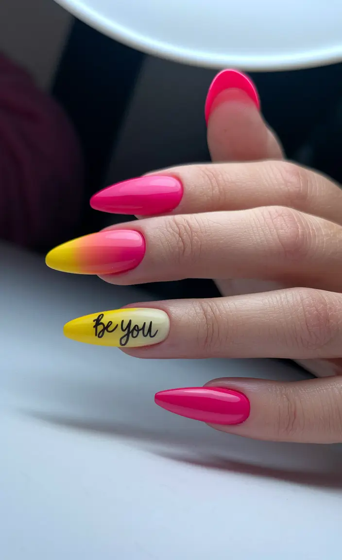oval nail inspo summer Neon Mood Shift with Empowering Words