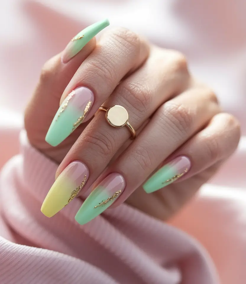 oval nail inspo summer Mint Ombre Fantasy with Gold Foil Whispers