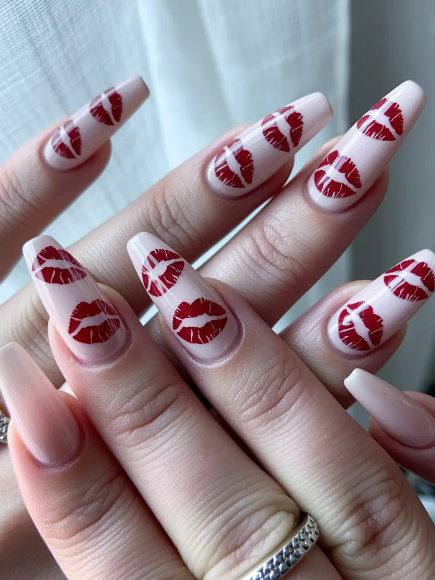 oval nail inspo summer Signature Kiss Print on Almond Nude