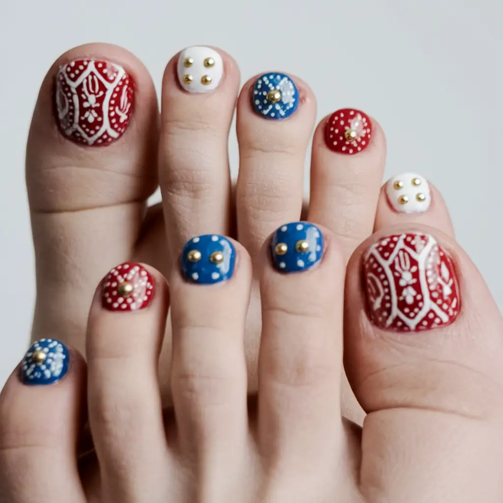 patriotic pedicure 4th of july Bandana Blues with Gold Studs