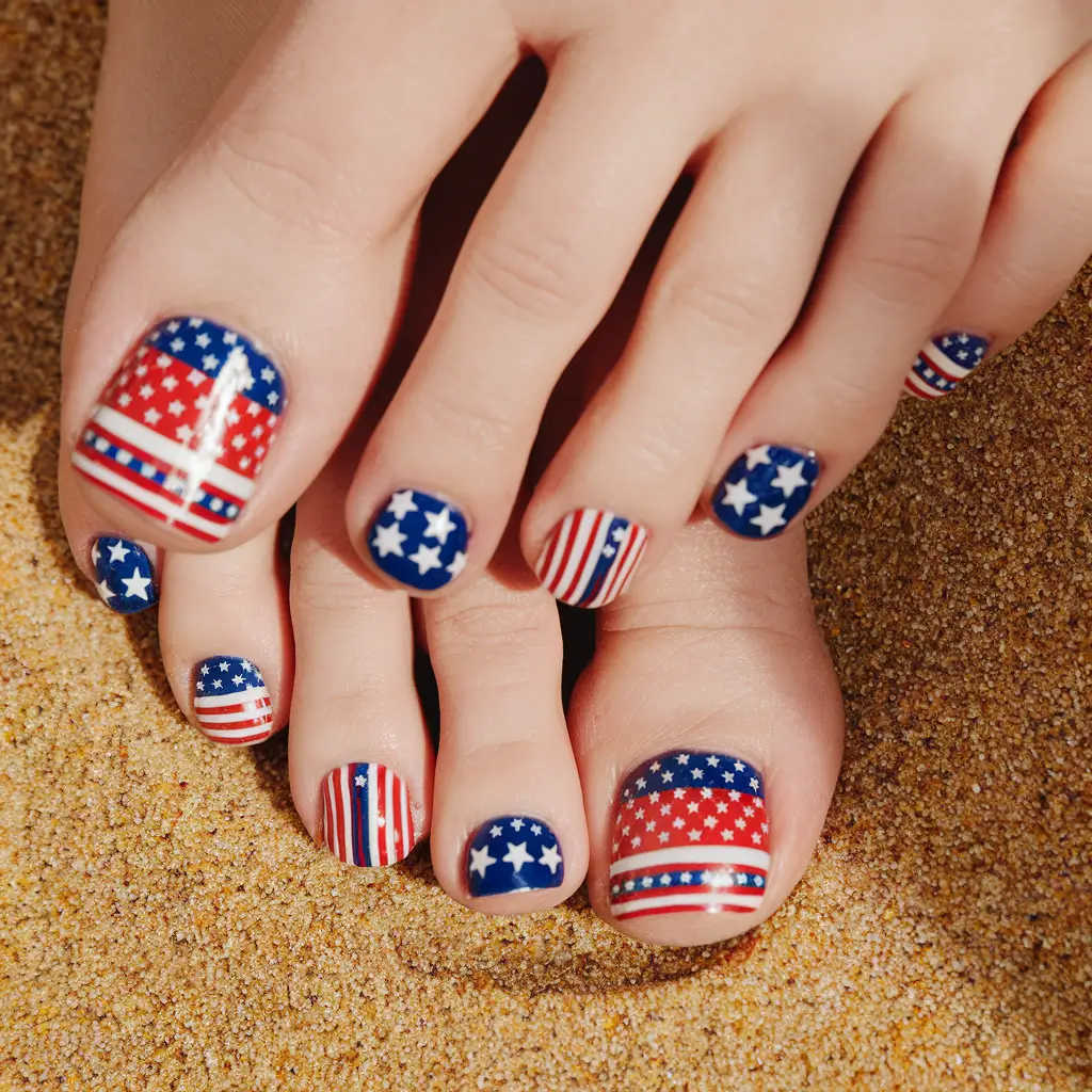 patriotic pedicure 4th of july Stars and Stripes by the Shore