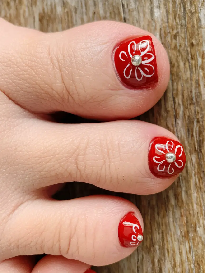cute 4th of july pedicure Cherry Red Daisies with a Twist