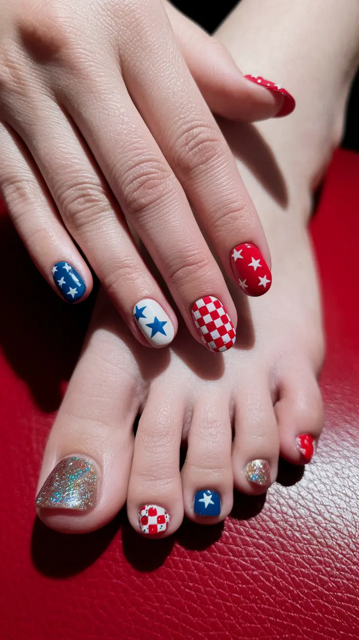 patriotic pedicure 4th of july Retro Pop Checks & Sparkle