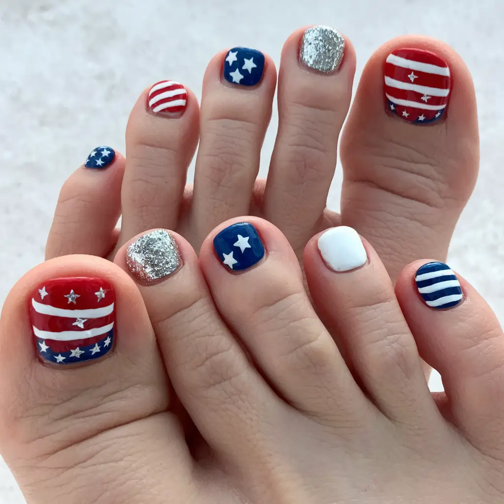 patriotic pedicure 4th of july Bold Stripes & Sparkle Accents