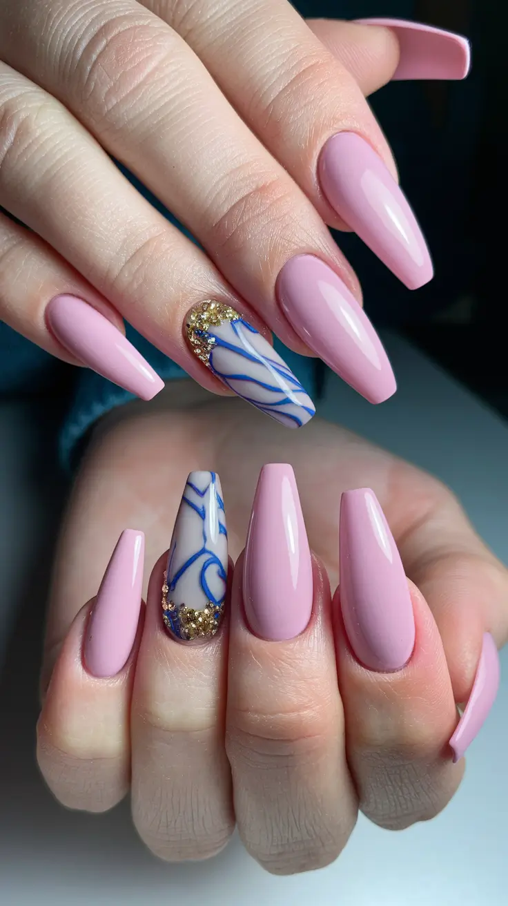 pink nails summer design Ballet Pink Meets Blue Marble Glam