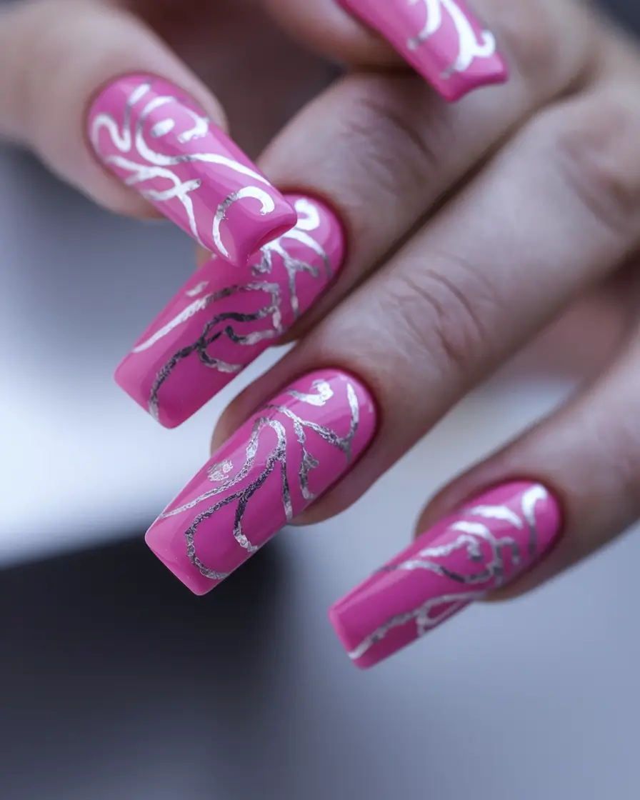 pink nails summer hot Chrome Vine Graffiti on Neon Pink