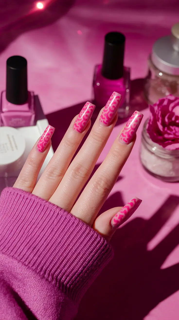 pink nails summer coffin Glossy Hot Pink with Abstract Grooves