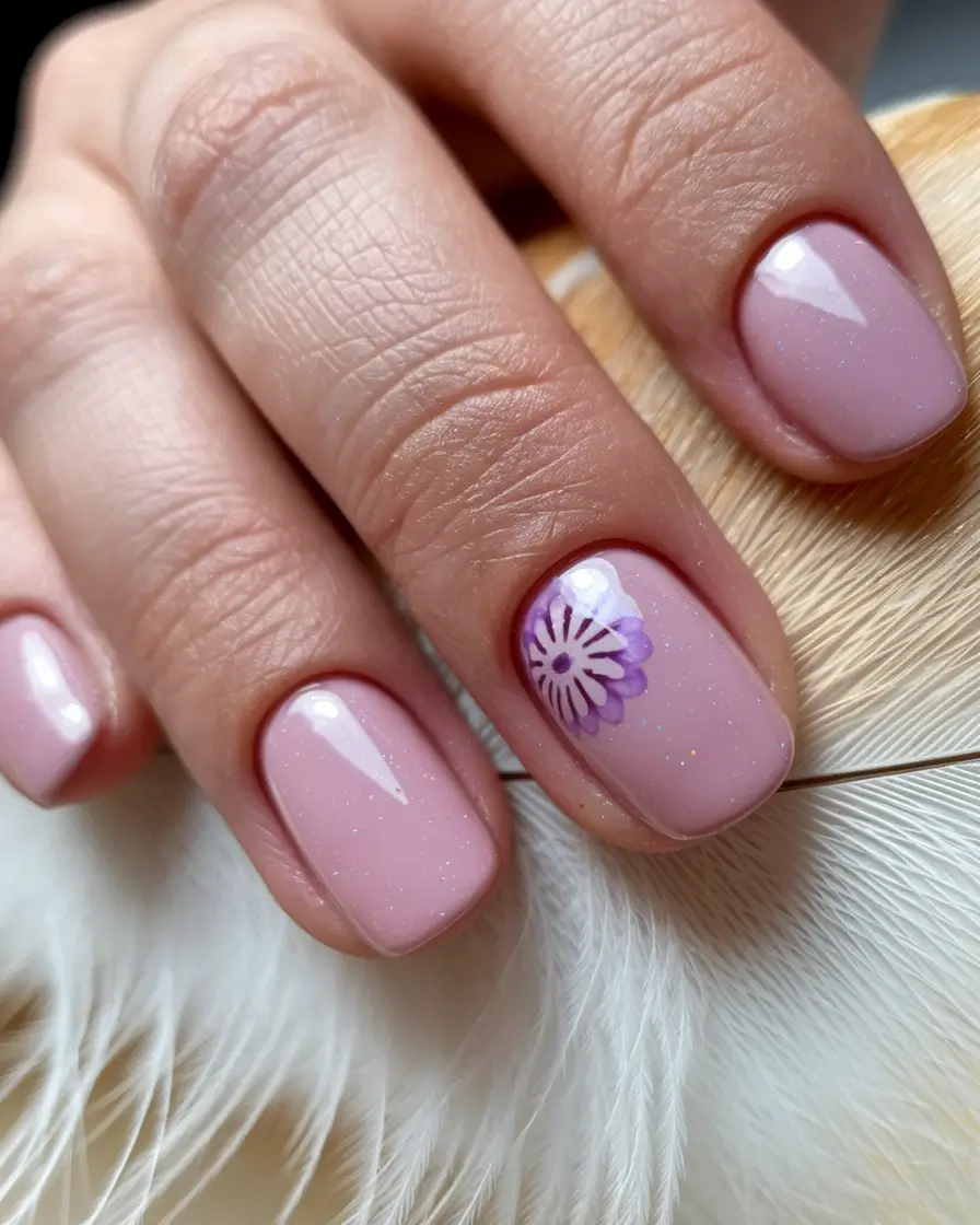 pink nails summer flowers Short and Sweet with a Purple Flower Pop