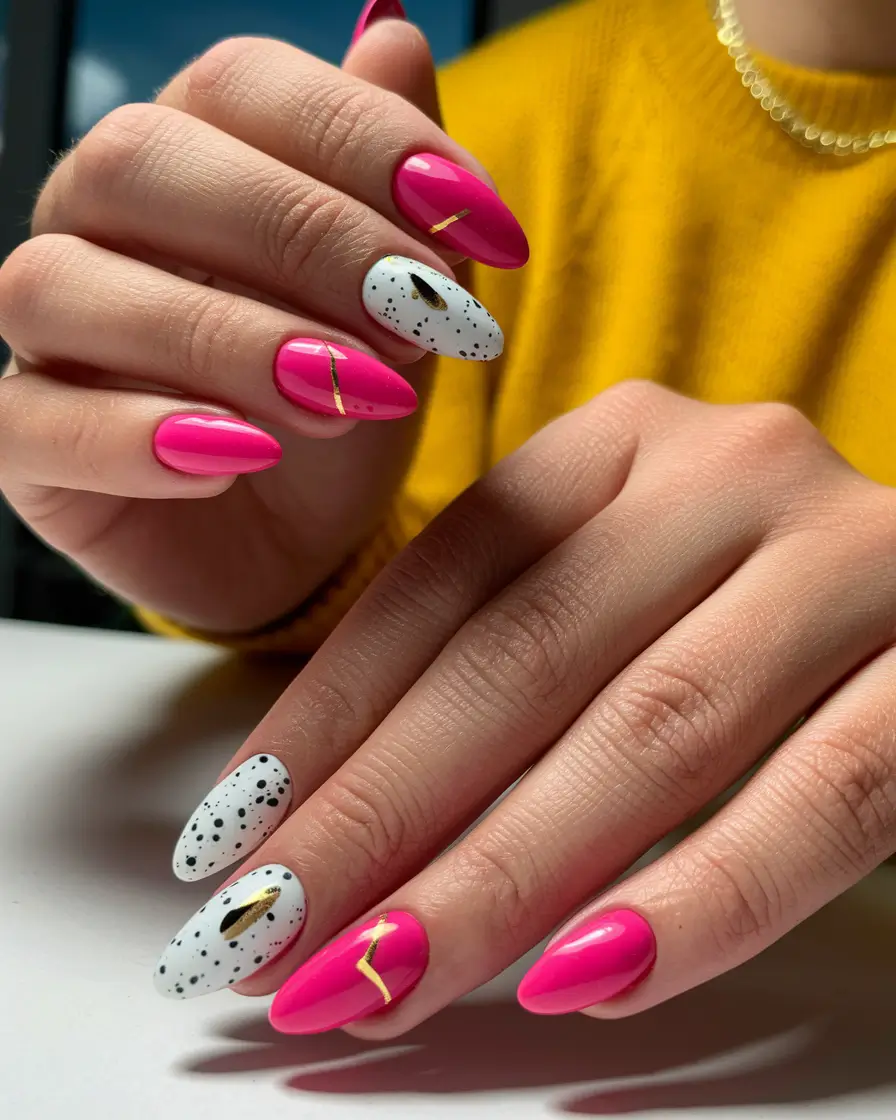 pink nails summer almond Fuchsia Meets Speckled White Drama