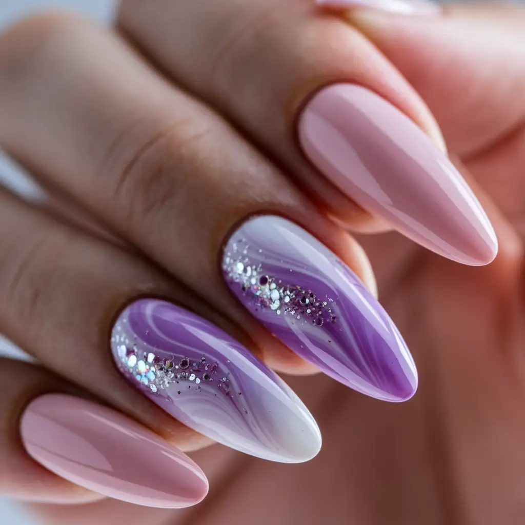 pink nails summer aesthetic Lavender Swirls and Glitter Rain