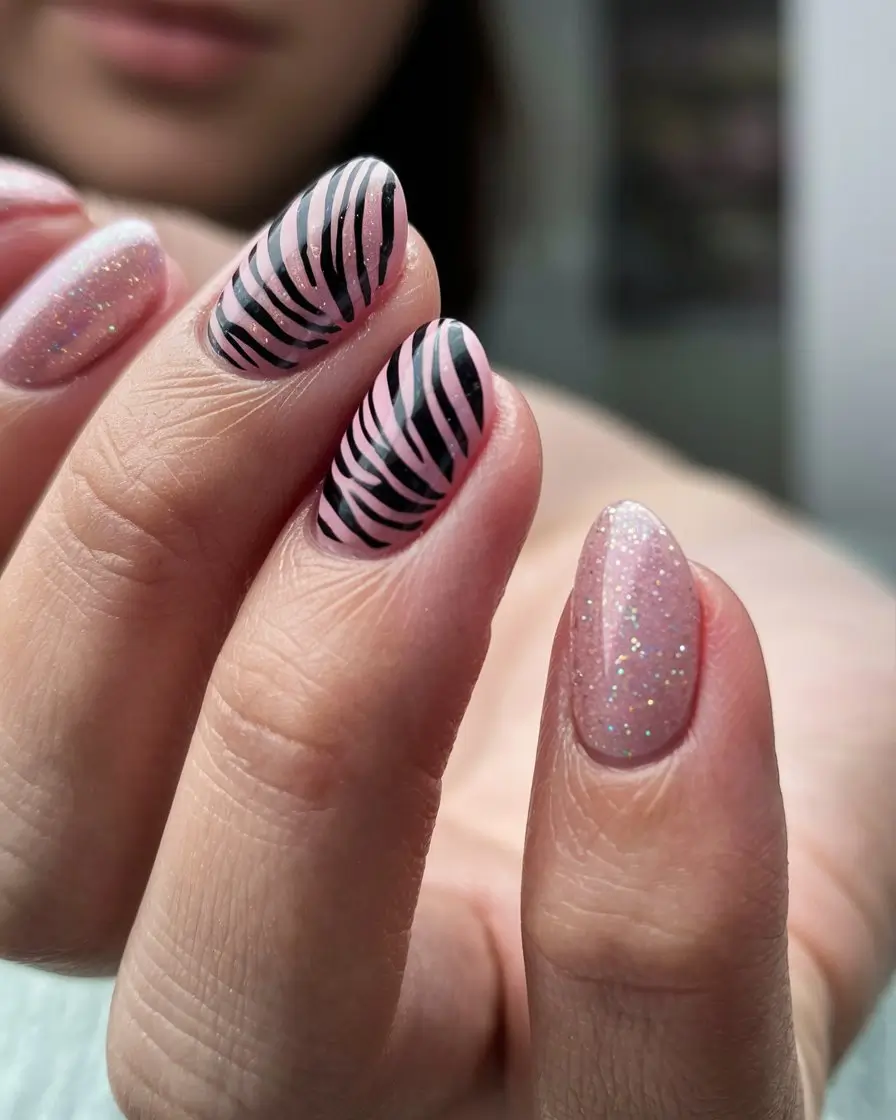 pink nails summer ideas Zebra-Inspired Pastel Pink with Glitter