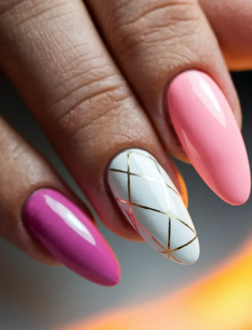 pink nails summer design Colorblock Chic with Golden Grids